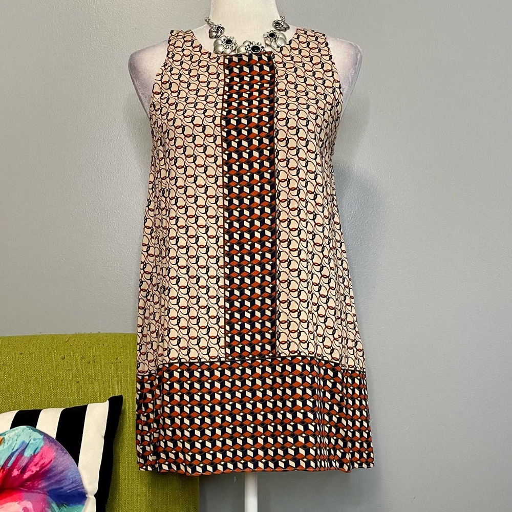 Studio M Tan Red Geometric Sleeveless Tunic Top